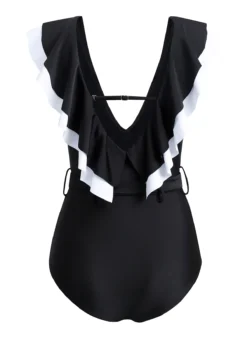 Black Flounce Buckle Detail One Piece Swimwear -Elegance Swimwear Store 1697777581848924508