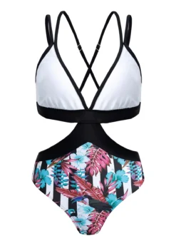 Floral Print Cross Strap Contrast One Piece Swimwear -Elegance Swimwear Store 1697777790133557975