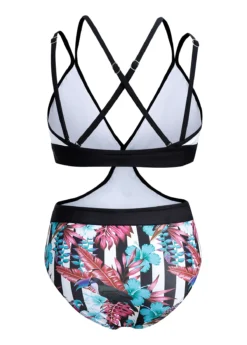 Floral Print Cross Strap Contrast One Piece Swimwear -Elegance Swimwear Store 1697777790885835579