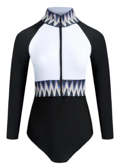 Quarter Zip Long Sleeve Chevron Print One Piece Swimwear -Elegance Swimwear Store 1697793775061535282