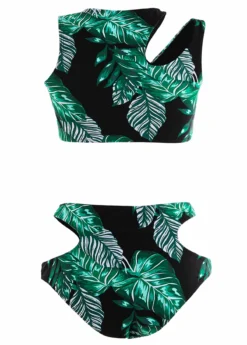 Cut Out Mid Waisted Leaf Print Black Bikini Set -Elegance Swimwear Store 1697854856521502279