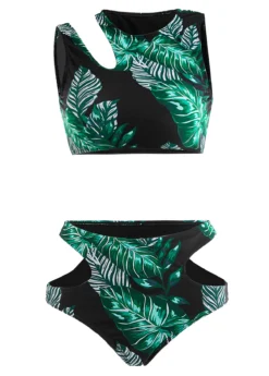 Cut Out Mid Waisted Leaf Print Black Bikini Set -Elegance Swimwear Store 1697854856694772060