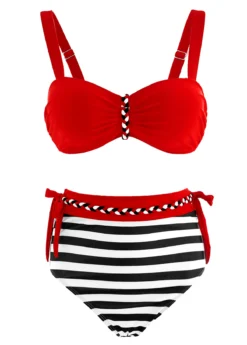 High Waisted Stripe Print Color Block Bikini Set 6 High Waisted Stripe Print Color Block Bikini Set -Elegance Swimwear Store 1697856066547289927