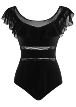 Solid Ruffle Trim One Piece Swimwear -Elegance Swimwear Store 1697865635471021070