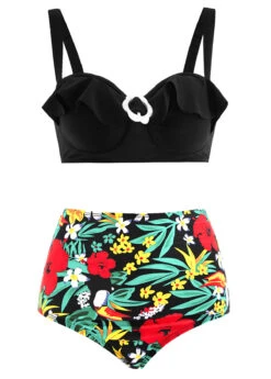 Floral Print High Waist Flounce Decorative Ring Bikini Set -Elegance Swimwear Store 1697867584253073068