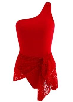 Lace Stitching Tie Front One Piece Swimdress -Elegance Swimwear Store 1697889709841926073