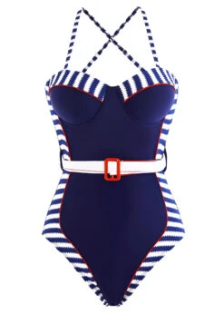 Striped Decorative Belt Navy Blue One Piece Swimwear -Elegance Swimwear Store 1697889729717023046