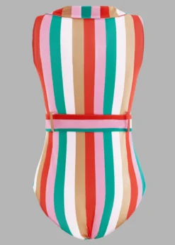 Rainbow Stripe Belted Turndown Collar One Piece Swimwear -Elegance Swimwear Store 1698040860242000704