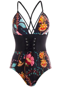 Tie Back Lace Up Front Floral Print One Piece Swimwear -Elegance Swimwear Store 1698047489561825551