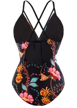 Tie Back Lace Up Front Floral Print One Piece Swimwear -Elegance Swimwear Store 1698048364670372281