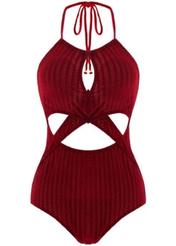 Criss Cross Wine Red Cutout One Piece Swimwear -Elegance Swimwear Store 1698149558094444563