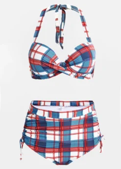 Plaid Print High Waisted Drawstring Side Bikini Set -Elegance Swimwear Store 1698219103482621079