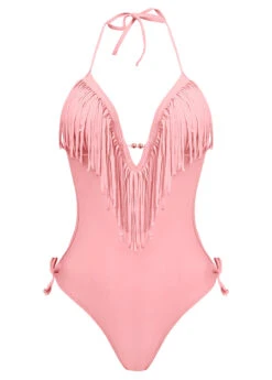 Tassel Embellished Halter Light Pink One Piece Swimwear -Elegance Swimwear Store 1698289610394900011