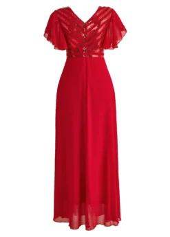 Red Sequin Short Sleeve V Neck Dress -Elegance Swimwear Store 1698291241653702075