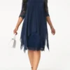 Navy Blue Three Quarter Sleeve Chiffon Overlay Lace Dress