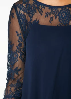 Navy Blue Three Quarter Sleeve Chiffon Overlay Lace Dress -Elegance Swimwear Store 208220 P 15361316892384
