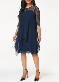 Navy Blue Three Quarter Sleeve Chiffon Overlay Lace Dress -Elegance Swimwear Store 208220 P 15361316894852