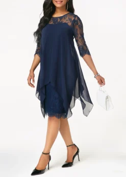 Navy Blue Three Quarter Sleeve Chiffon Overlay Lace Dress -Elegance Swimwear Store 208220 P 15361316896123