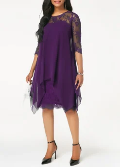 Purple Three Quarter Sleeve Chiffon Overlay Lace Dress -Elegance Swimwear Store 211161 P 16336622482602