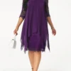 Purple Three Quarter Sleeve Chiffon Overlay Lace Dress