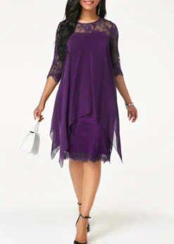 Purple Three Quarter Sleeve Chiffon Overlay Lace Dress