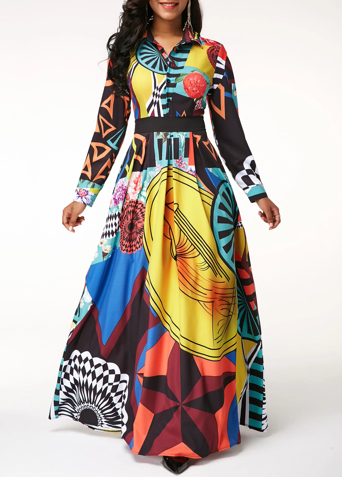 Button Up Turndown Collar Printed Long Sleeve Dress 1 Button Up Turndown Collar Printed Long Sleeve Dress