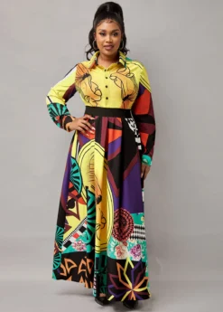 Button Up Turndown Collar Printed Long Sleeve Dress 23 Button Up Turndown Collar Printed Long Sleeve Dress -Elegance Swimwear Store 211316 P 16308904681829