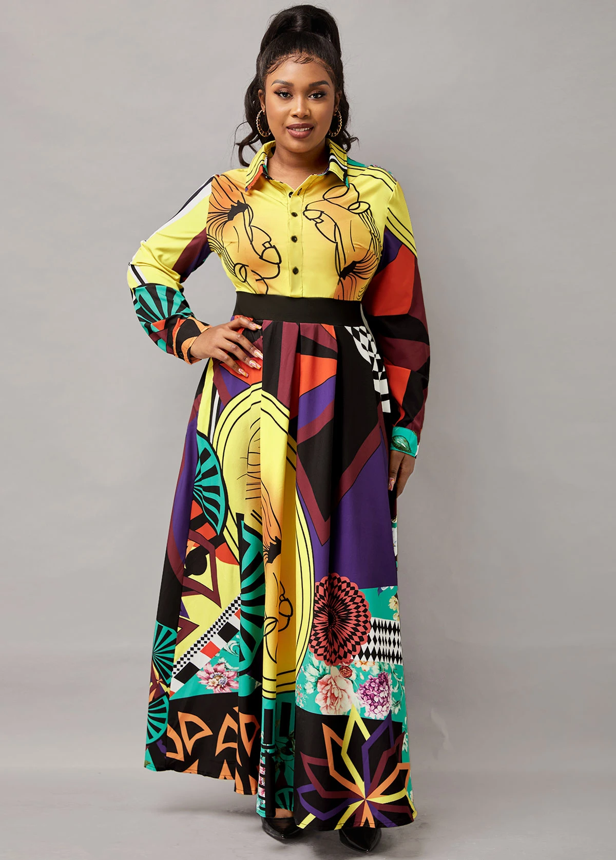 Button Up Turndown Collar Printed Long Sleeve Dress 10 Button Up Turndown Collar Printed Long Sleeve Dress - Image 10