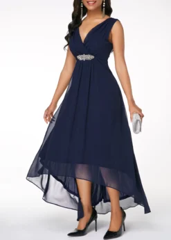 V Back Sleeveless High Low Navy Blue Dress -Elegance Swimwear Store 216929 P 16357491987723