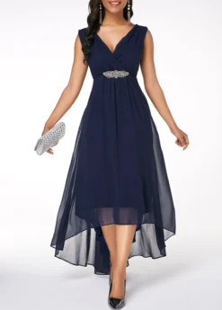 V Back Sleeveless High Low Navy Blue Dress -Elegance Swimwear Store 216929 P 16357491988762