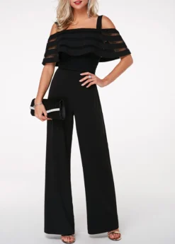 Strappy Cold Shoulder Ruffle Overlay Black Jumpsuit -Elegance Swimwear Store 217793 P 1572916718238