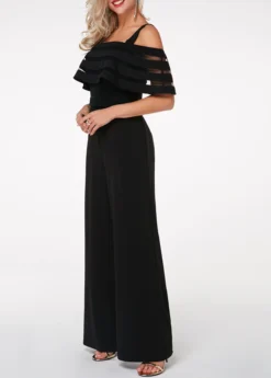 Strappy Cold Shoulder Ruffle Overlay Black Jumpsuit -Elegance Swimwear Store 217793 P 1572916718865