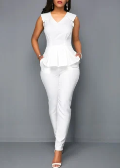 V Neck Peplum Sleeveless White Jumpsuit