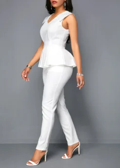 V Neck Peplum Sleeveless White Jumpsuit -Elegance Swimwear Store 219284 P 16503499216672
