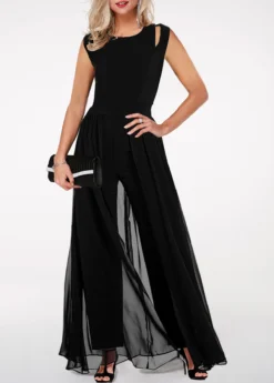 Round Neck High Waist Chiffon Overlay Black Jumpsuit