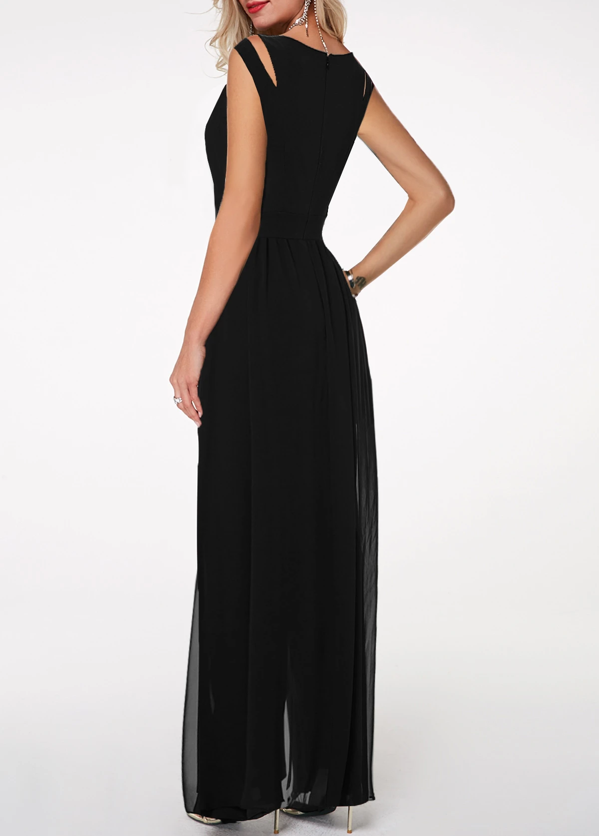 Round Neck High Waist Chiffon Overlay Black Jumpsuit 2 Round Neck High Waist Chiffon Overlay Black Jumpsuit - Image 2