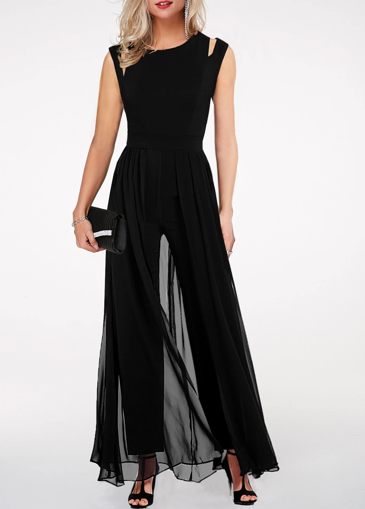 Round Neck High Waist Chiffon Overlay Black Jumpsuit 3 Round Neck High Waist Chiffon Overlay Black Jumpsuit - Image 3