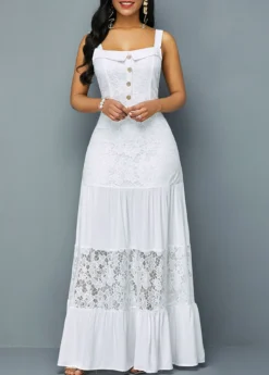 Button Detail Lace Patchwork Ruffle Hem Dress -Elegance Swimwear Store 220821 P 16486039302523