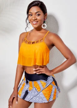 Cage Neck Overlay Top And Printed Pantskirt -Elegance Swimwear Store 221878 P 16214186113452