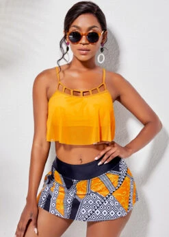 Cage Neck Overlay Top And Printed Pantskirt -Elegance Swimwear Store 221878 P 16214186116423