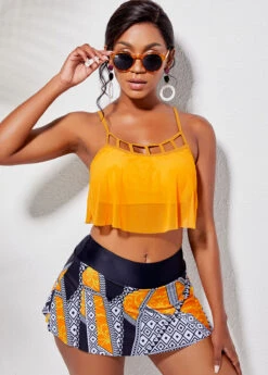 Cage Neck Overlay Top And Printed Pantskirt