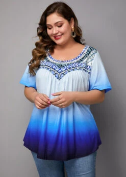 Tribal Print Ombre Short Sleeve Blouse -Elegance Swimwear Store 222279 P 15758868566903