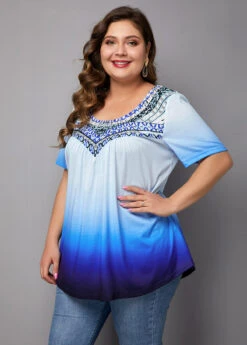Tribal Print Ombre Short Sleeve Blouse -Elegance Swimwear Store 222279 P 15758868569592