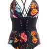 Tie Back Lace Up Front Floral Print One Piece Swimwear