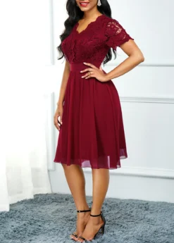 Lace Panel High Waist Short Sleeve Dress -Elegance Swimwear Store 224402 P 15638713442153