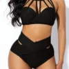 Cage Neck High Waist Cross Front Bikini Set