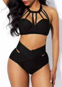 Cage Neck High Waist Cross Front Bikini Set