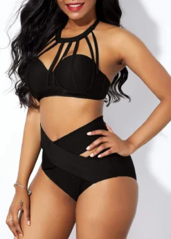 Cage Neck High Waist Cross Front Bikini Set -Elegance Swimwear Store 227465 P 15634988607103