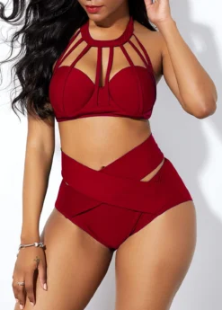 Cross Front High Waist Cage Neck Bikini Set -Elegance Swimwear Store 227466 P 15634988542982