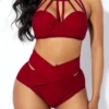 Cross Front High Waist Cage Neck Bikini Set